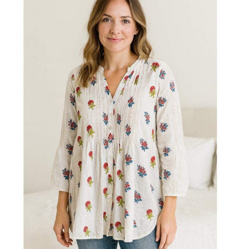 Roberta Roller Rabbit White Tunic 3/4 Sleeve Sequins Floral 100% Cotton Size XS